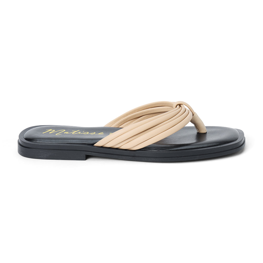 Beige leather flip flop sandal with multiple tubular straps gathered in a knotted design and a flat sole shown on a white background.