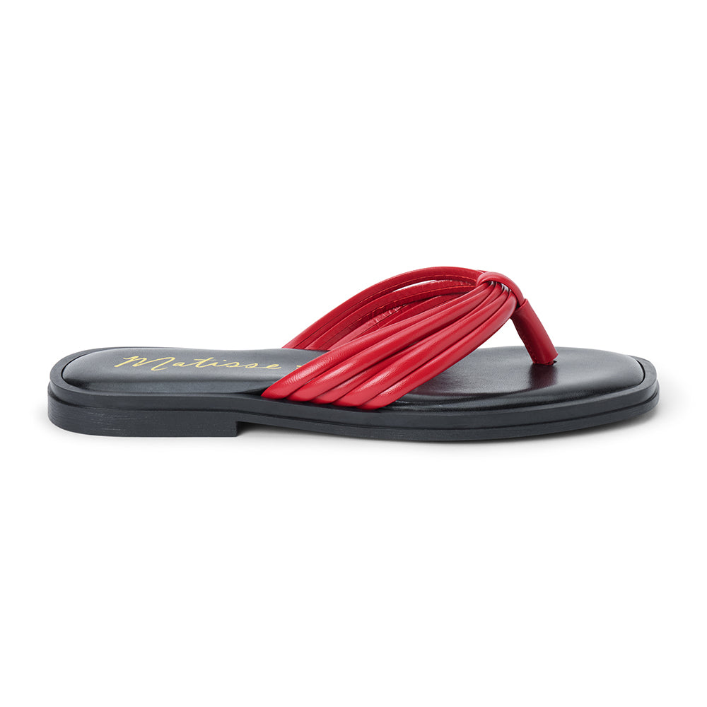 Red leather flip flop sandal with multiple tubular straps gathered in a knotted design and a flat sole shown on a white background.