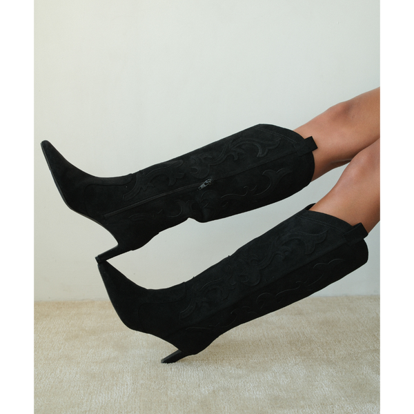 Abrams Western Boot – Coconuts by Matisse – Tall vegan suede boot in black with western-inspired stitching, pointed toe, and slim high heel.