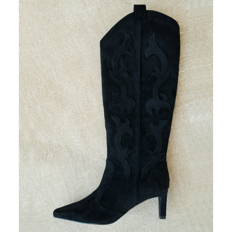 Abrams Western Boot – Coconuts by Matisse – Tall vegan suede boot in black with western-inspired stitching, pointed toe, and slim high heel.