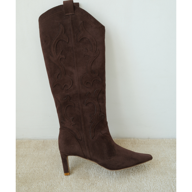 Abrams Western Boot – Coconuts by Matisse – Tall vegan suede boot in dark brown with western-inspired stitching, pointed toe, and slim high heel.