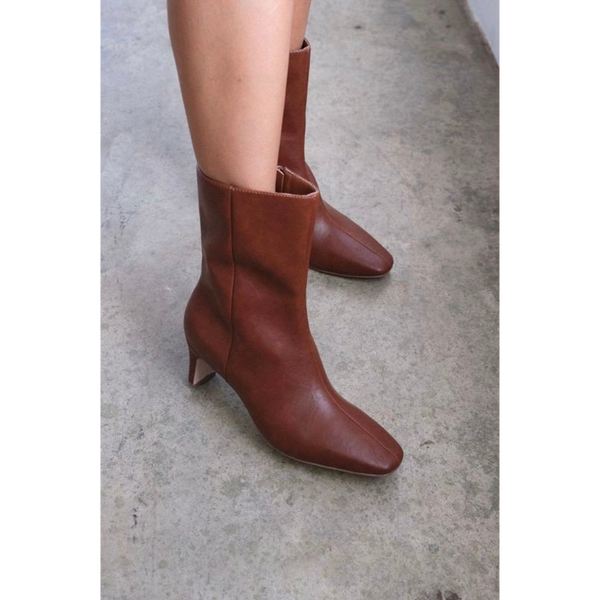 Adler Ankle Boot - Beach by Matisse - Chestnut brown vegan leather ankle boot with a pointed toe, slim mid-heel, and minimalist silhouette.