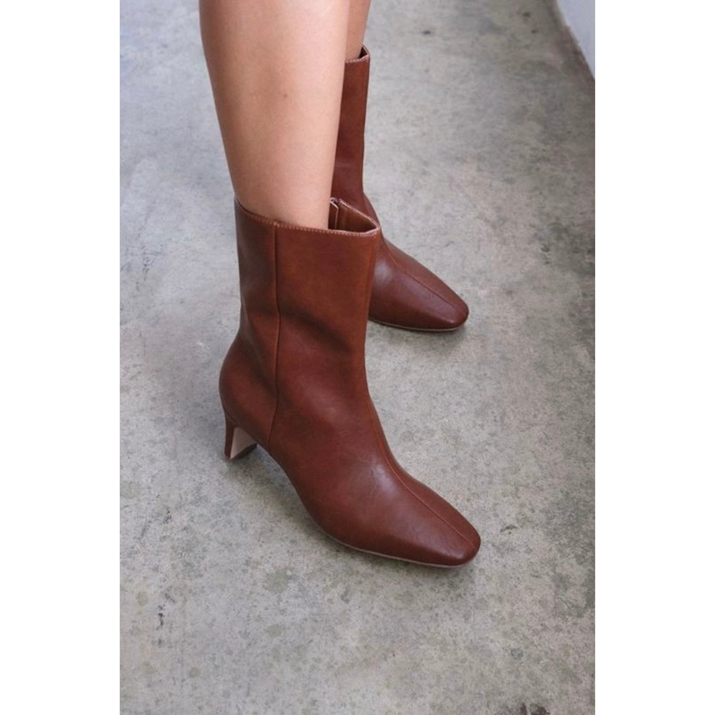 Adler Ankle Boot - Beach by Matisse - Chestnut brown vegan leather ankle boot with a pointed toe, slim mid-heel, and minimalist silhouette.