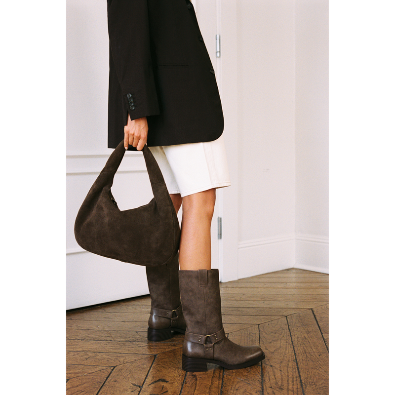 Autumn Moto Boot – Coconuts by Matisse – Brown faux leather mid-calf boot with harness strap detailing, square toe, and low leather-stacked heel.