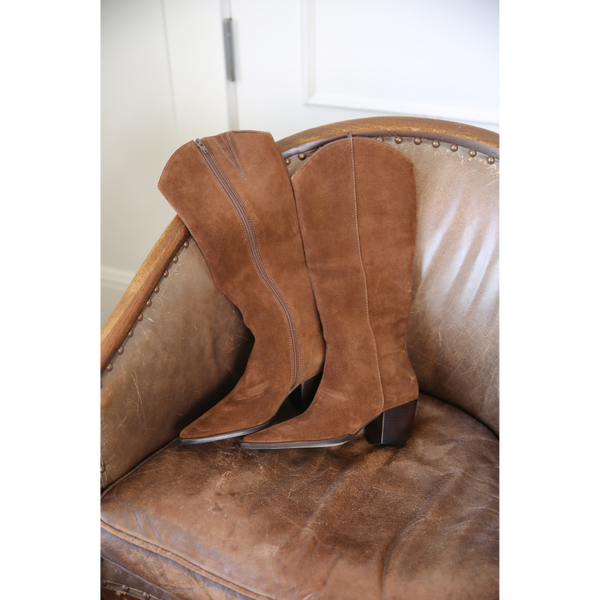 Bellamy Western Boot – Matisse Footwear – Coffee brown tall western-inspired boot with pointed toe, curved top shaft, and angled block heel in supple suede.