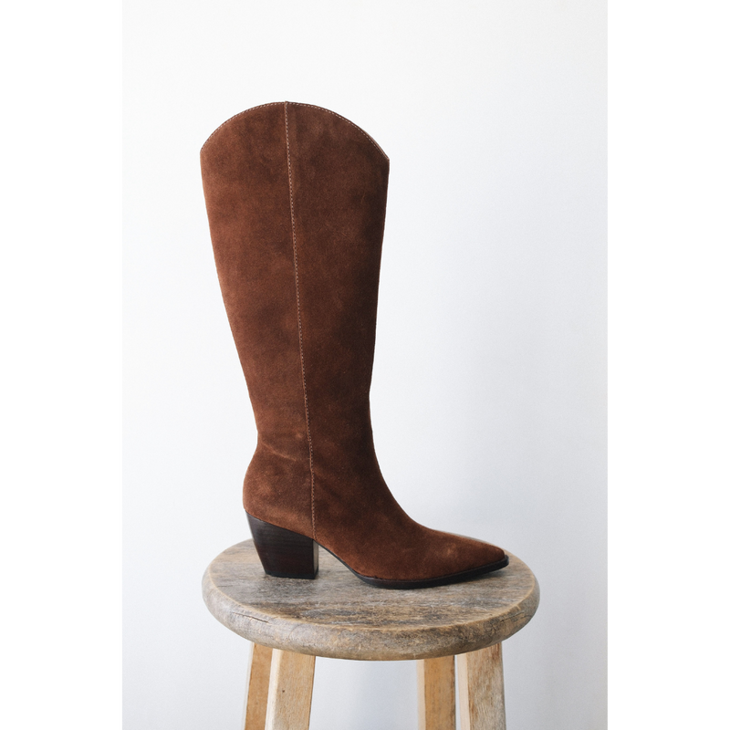 Bellamy Western Boot – Matisse Footwear – Coffee brown tall western-inspired boot with pointed toe, curved top shaft, and angled block heel in supple suede.