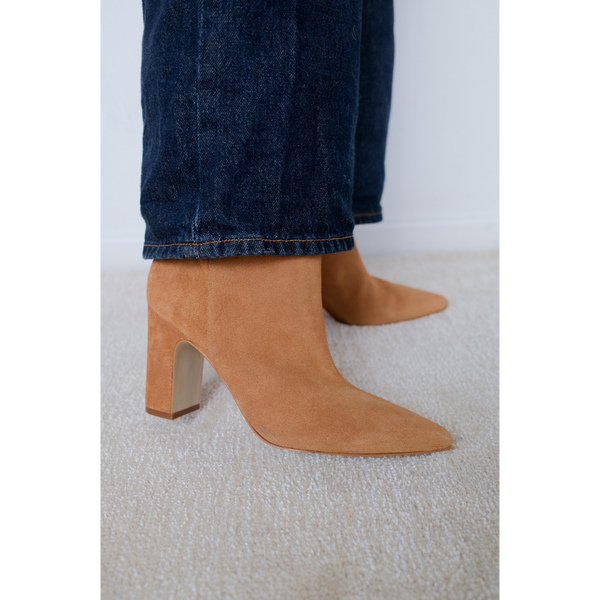 Celeste Heeled Boot – Matisse Footwear – Camel suede boot with pointed toe and high block heel.