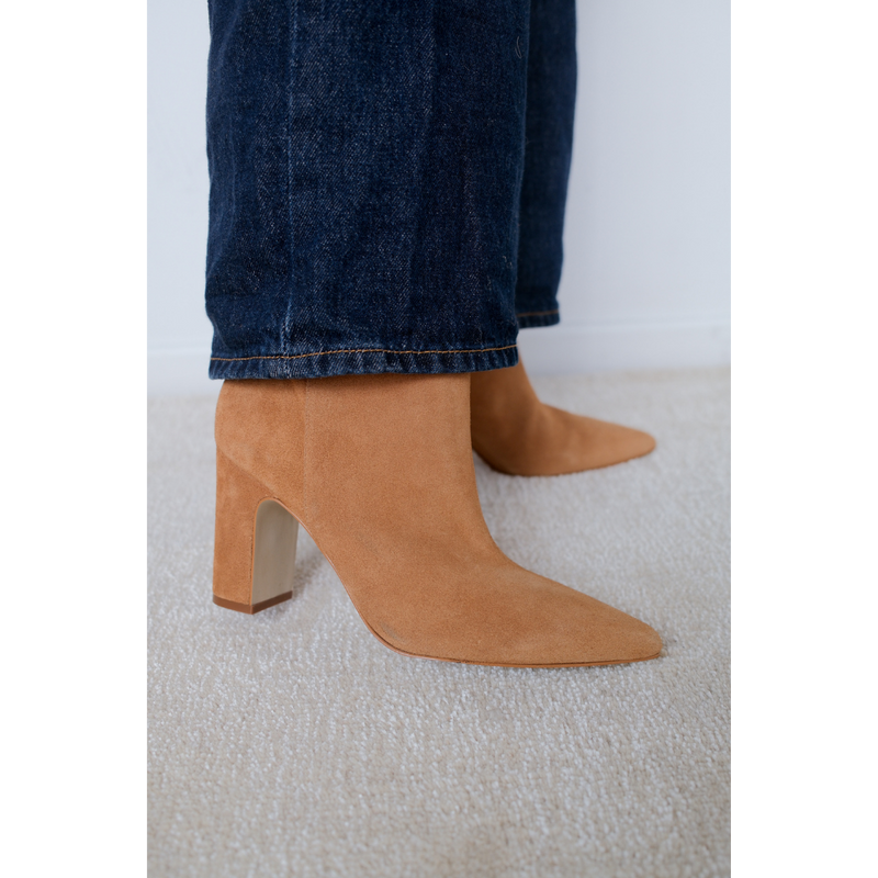 Celeste Heeled Boot – Matisse Footwear – Camel suede boot with pointed toe and high block heel.