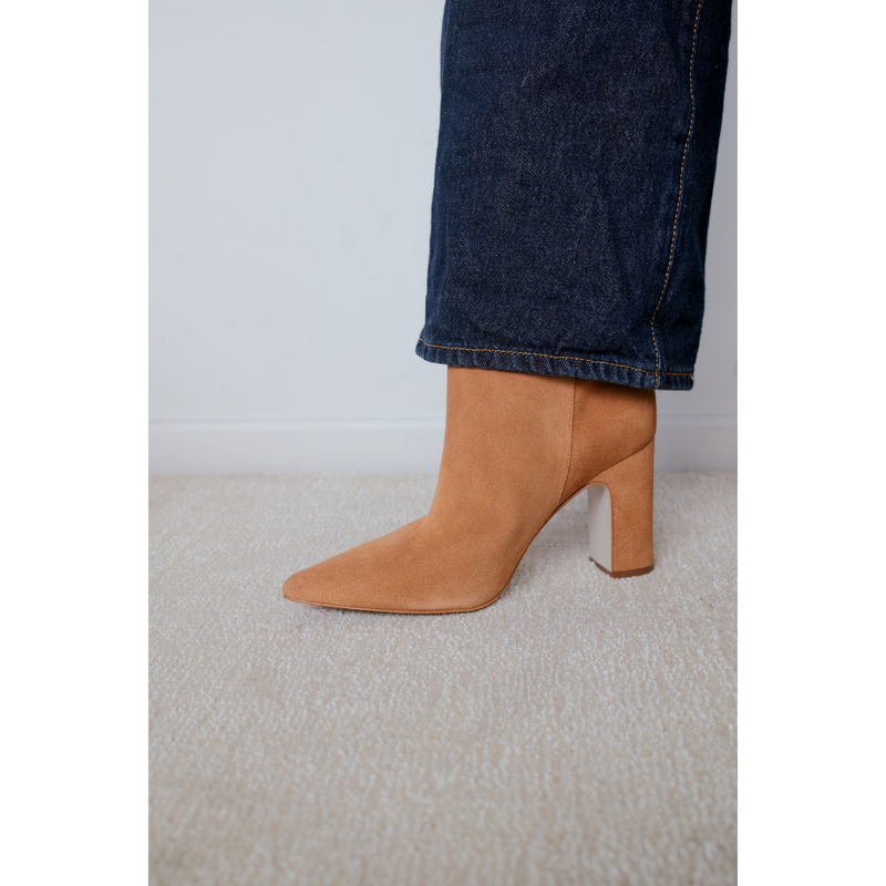 Celeste Heeled Boot – Matisse Footwear – Camel suede boot with pointed toe and high block heel.