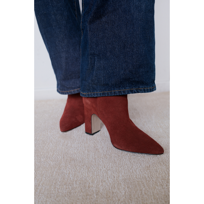 Celeste Heeled Boot – Matisse Footwear – Rust suede boot with pointed toe and high block heel.