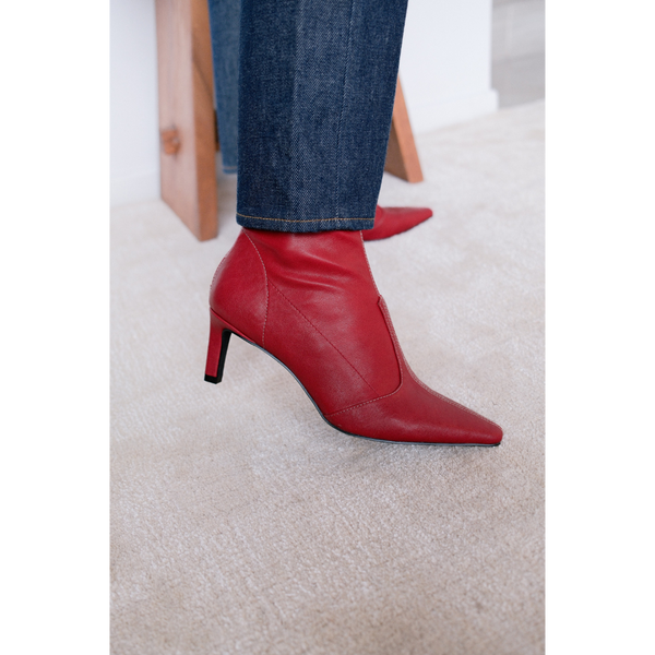 Clara Vegan Heeled Boot – Coconuts by Matisse – Red faux leather boot with pointed toe, mid-calf shaft, and slim heel.