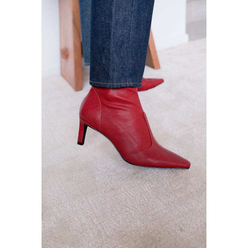 Clara Vegan Heeled Boot – Coconuts by Matisse – Red faux leather boot with pointed toe, mid-calf shaft, and slim heel.