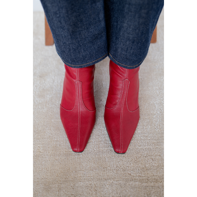 Clara Vegan Heeled Boot – Coconuts by Matisse – Red faux leather boot with pointed toe, mid-calf shaft, and slim heel.