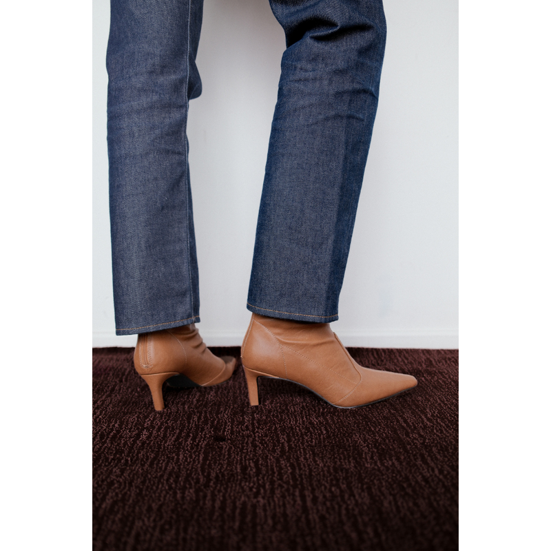Clara Vegan Heeled Boot – Coconuts by Matisse – Tan faux leather boot with pointed toe, mid-calf shaft, and slim heel.