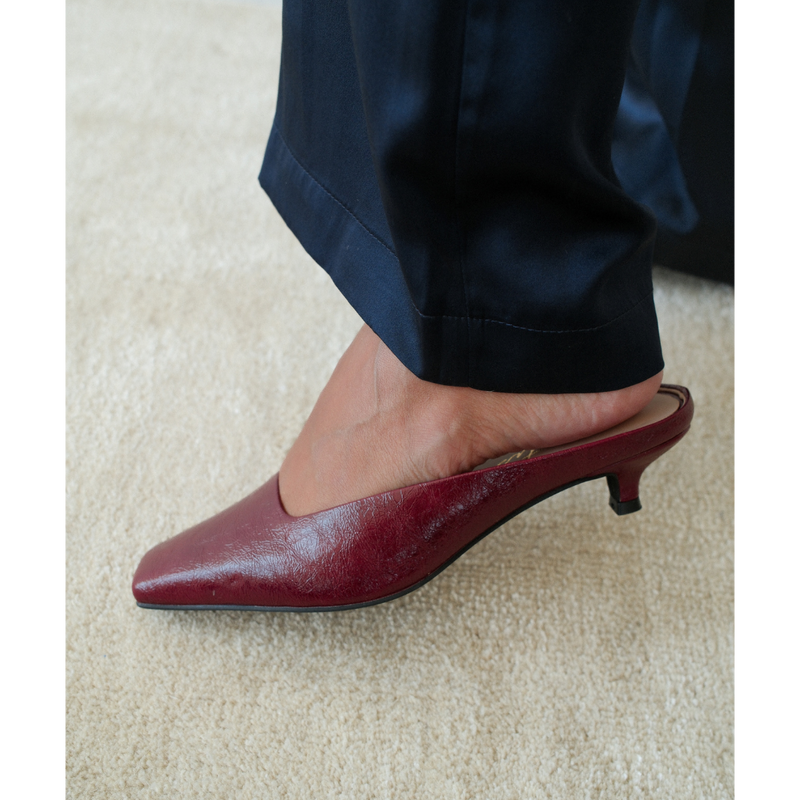 Classy Heeled Mule – Matisse Footwear – Burgundy patent leather mule with a squared toe, low kitten heel, and sleek slip-on silhouette.