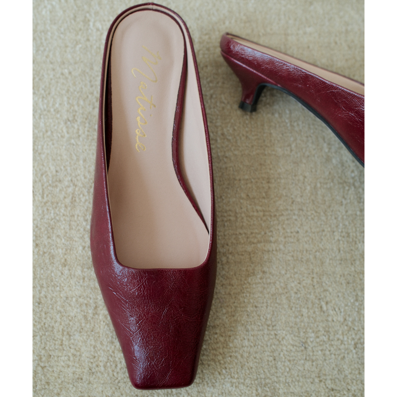 Classy Heeled Mule – Matisse Footwear – Burgundy patent leather mule with a squared toe, low kitten heel, and sleek slip-on silhouette.