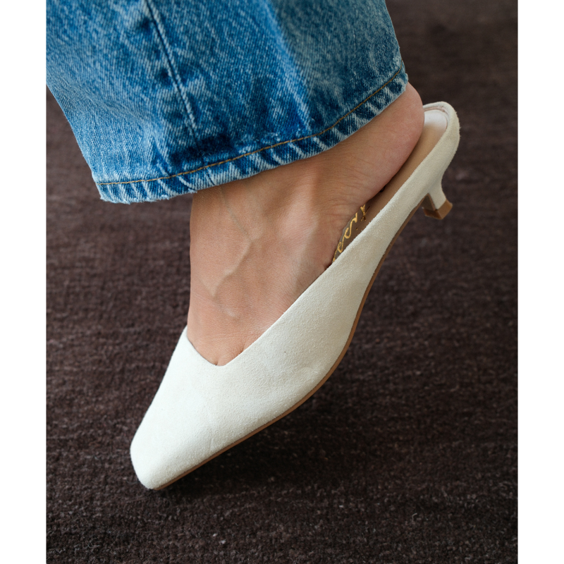 Classy Heeled Mule – Matisse Footwear – Cream colored suede mule with a squared toe, low kitten heel, and sleek slip-on silhouette.