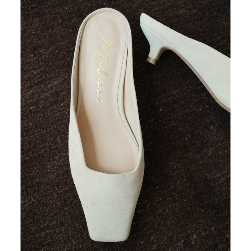 Classy Heeled Mule – Matisse Footwear – Cream colored suede mule with a squared toe, low kitten heel, and sleek slip-on silhouette.