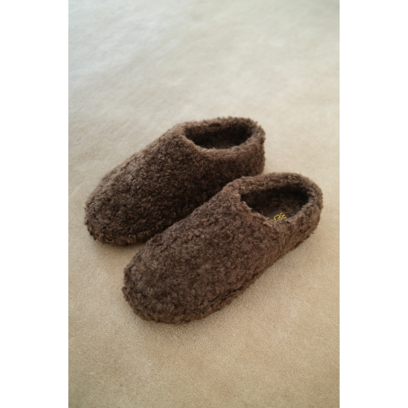 Claude Vegan Lounge Mule - Beach by Matisse - Coffee colored faux shearling slip-on mule with rounded toe and soft textured finish.