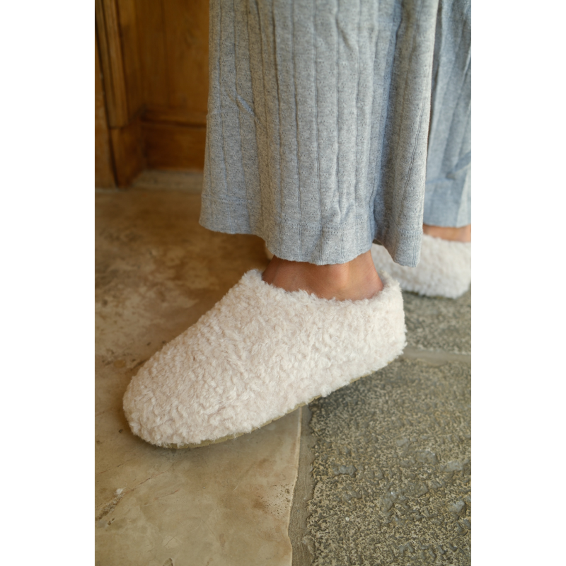 Claude Vegan Lounge Mule - Beach by Matisse - Cream colored faux shearling slip-on mule with rounded toe and soft textured finish.