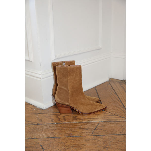 Cleo Ankle Boot – Matisse Footwear – Bourbon-colored suede boot with pointed toe, mid-height shaft, and sculpted western heel.