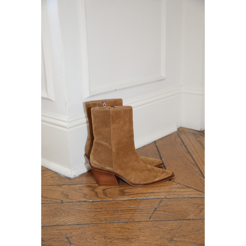 Cleo Ankle Boot – Matisse Footwear – Bourbon-colored suede boot with pointed toe, mid-height shaft, and sculpted western heel.