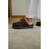 Davos Vegan Lounge Mule – Beach by Matisse – Dark brown faux suede mule with cozy shearling lining and gold horsebit hardware.