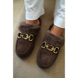 Davos Vegan Lounge Mule – Beach by Matisse – Dark brown faux suede mule with cozy shearling lining and gold horsebit hardware.