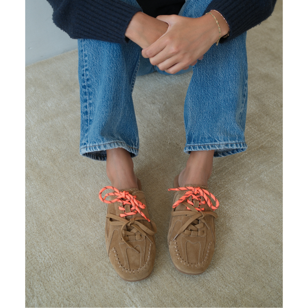 Devyn Sneaker Mule – Coconuts by Matisse – Tan suede mule with moccasin-style stitching, sporty lace-up detail, and open back. A laid-back hybrid silhouette blending slipper comfort with sneaker edge.