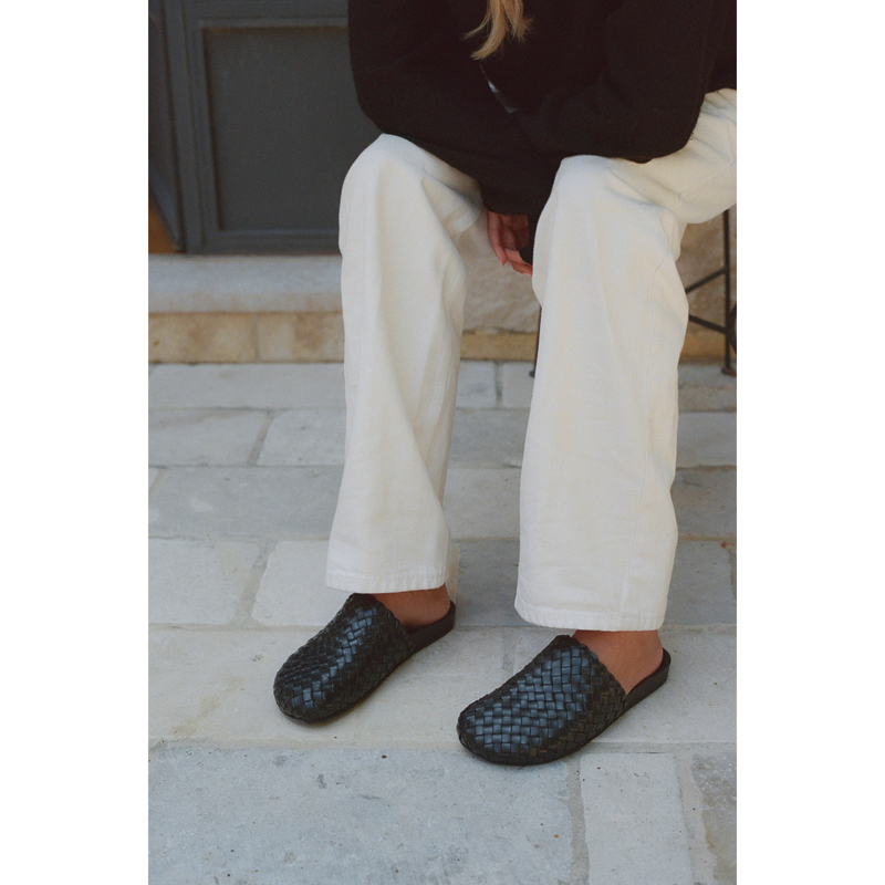 Eileen Woven Mule – Lenore by Matisse – black woven leather backless mule with padded footbed.