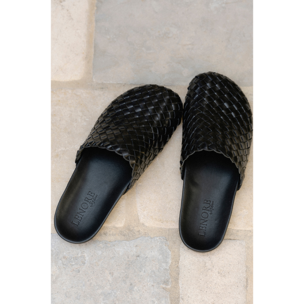 Eileen Woven Mule – Lenore by Matisse – black woven leather backless mule with padded footbed.