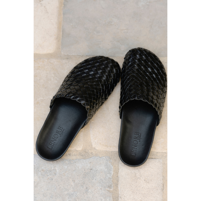 Eileen Woven Mule – Lenore by Matisse – black woven leather backless mule with padded footbed.