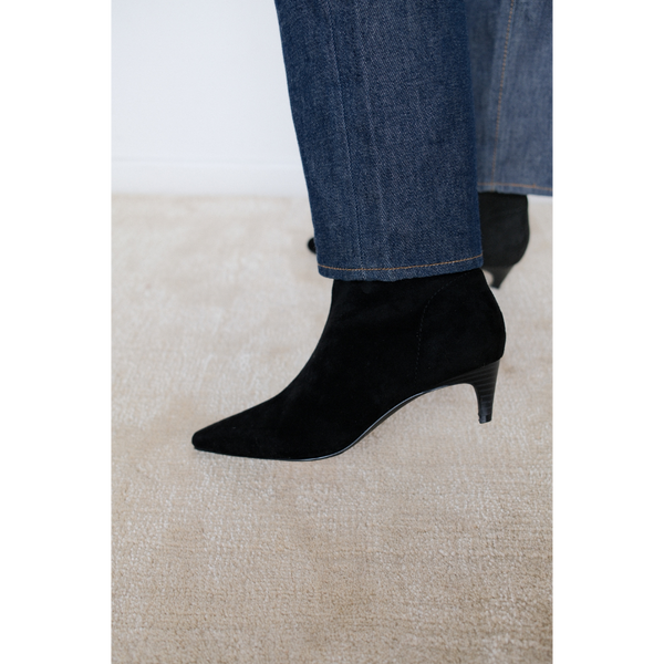 Esther Vegan Ankle Boot – Coconuts by Matisse – Black almond toe bootie with faux suede finish and low kitten heel.