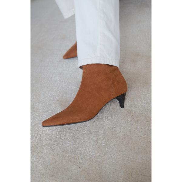 Esther Vegan Ankle Boot – Coconuts by Matisse – Tan almond toe bootie with faux suede finish and low kitten heel.