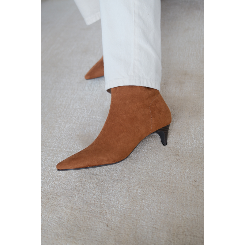 Esther Vegan Ankle Boot – Coconuts by Matisse – Tan almond toe bootie with faux suede finish and low kitten heel.