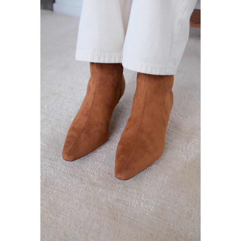 Esther Vegan Ankle Boot – Coconuts by Matisse – Tan almond toe bootie with faux suede finish and low kitten heel.