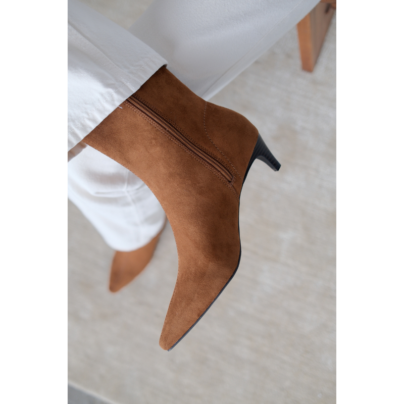 Esther Vegan Ankle Boot – Coconuts by Matisse – Tan almond toe bootie with faux suede finish and low kitten heel.