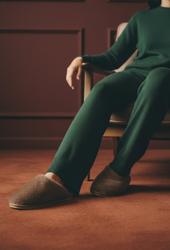 Person wearing green pants and brown Lounge slippers sitting on a chair with a red-brown wall in the background.