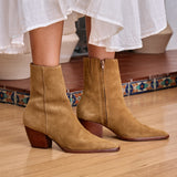 Caty Ankle Boot – Matisse Footwear – Tan suede western-inspired boot with pointed toe and stacked heel.