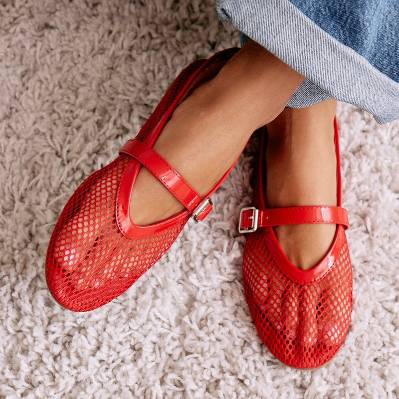 Nolita Ballet Flat – Coconuts By Matisse – Red mesh ballet flats with a glossy faux leather trim, pointed toe, and adjustable Mary Jane strap. A sleek and modern interpretation of a classic staple.
