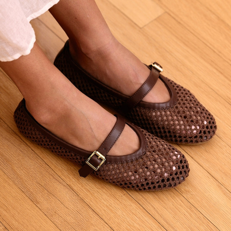 Nolita Ballet Flat – Coconuts By Matisse – Dark brown woven ballet flats with a square toe, Mary Jane strap, and silver buckle detail. A breathable and chic twist on a timeless silhouette.
