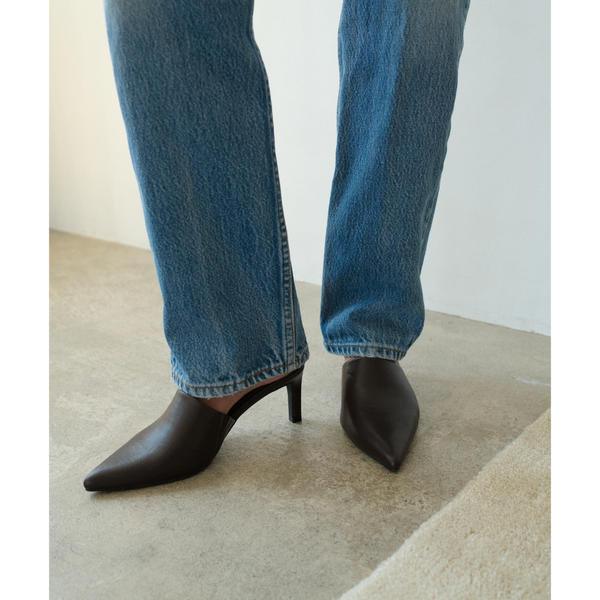 Garret Heeled Mule – Beach by Matisse – Dark Brown pointed-toe slip-on mule with smooth finish and stiletto heel.