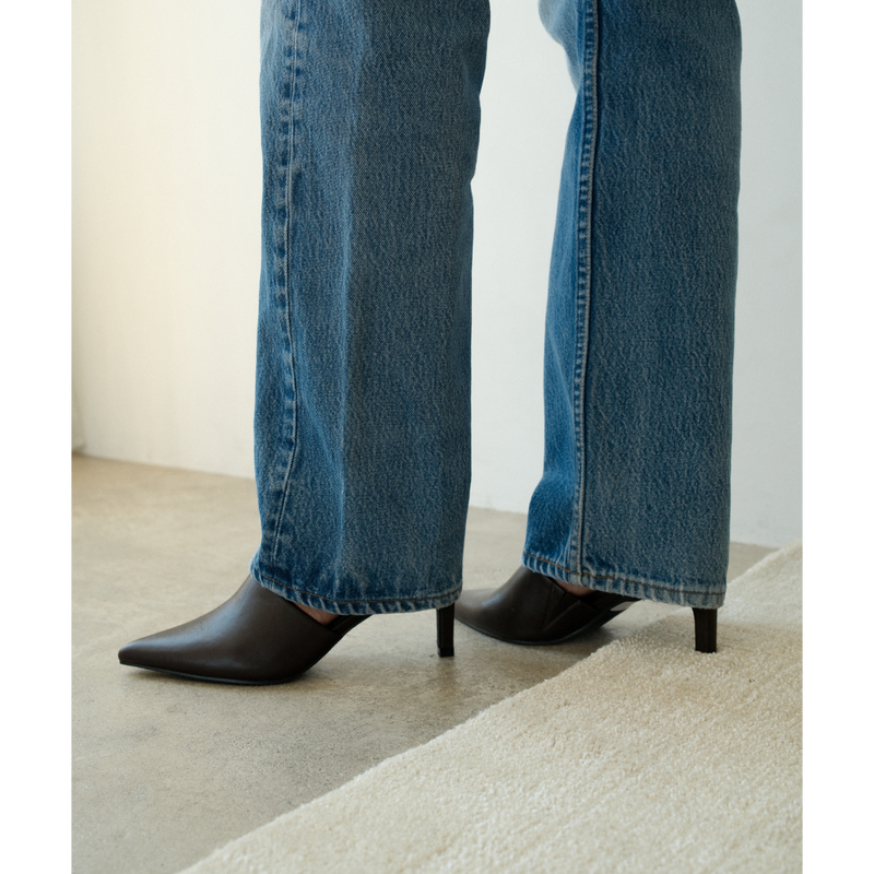 Garret Heeled Mule – Beach by Matisse – Dark Brown pointed-toe slip-on mule with smooth finish and stiletto heel.