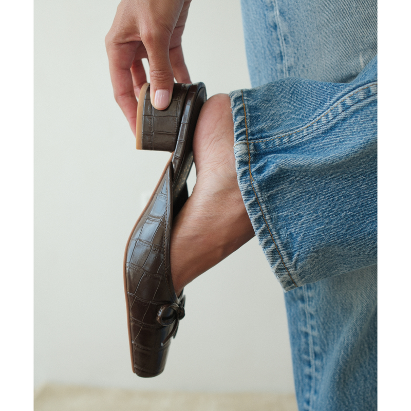 Geneva Heeled Mule – Coconuts by Matisse – Dark brown croc-embossed mule with a square toe, low block heel, and delicate bow detail.