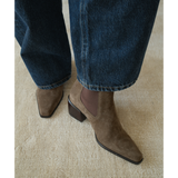 George Chelsea Boot – Matisse – Taupe suede ankle boot with stretch side panels and sculpted block heel.