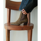George Chelsea Boot – Matisse – Taupe suede ankle boot with stretch side panels and sculpted block heel.