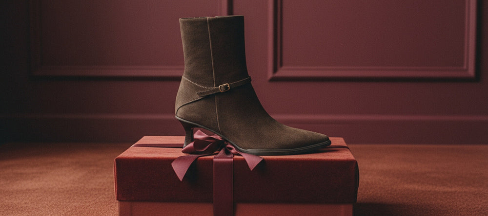 Green suede boot on a red box against a maroon wall