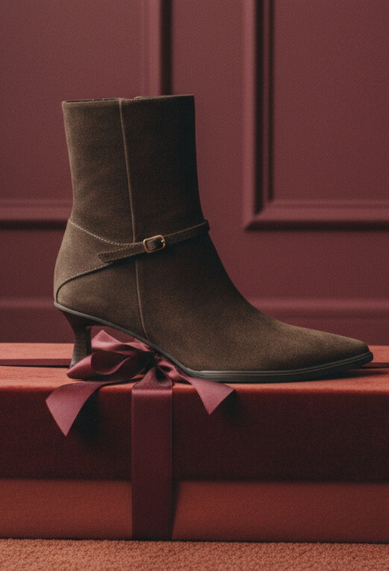Brown suede boot with a bow on a red box against a maroon background
