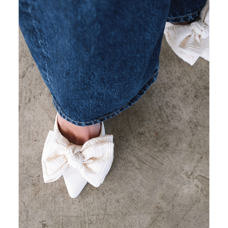 Goldie Heeled Mule - Beach by Matisse - Cream pointed-toe mule with sculpted heel and oversized knotted bow.