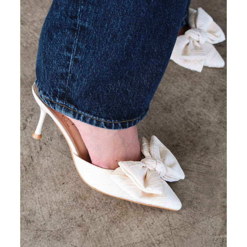 Goldie Heeled Mule - Beach by Matisse - Cream pointed-toe mule with sculpted heel and oversized knotted bow.